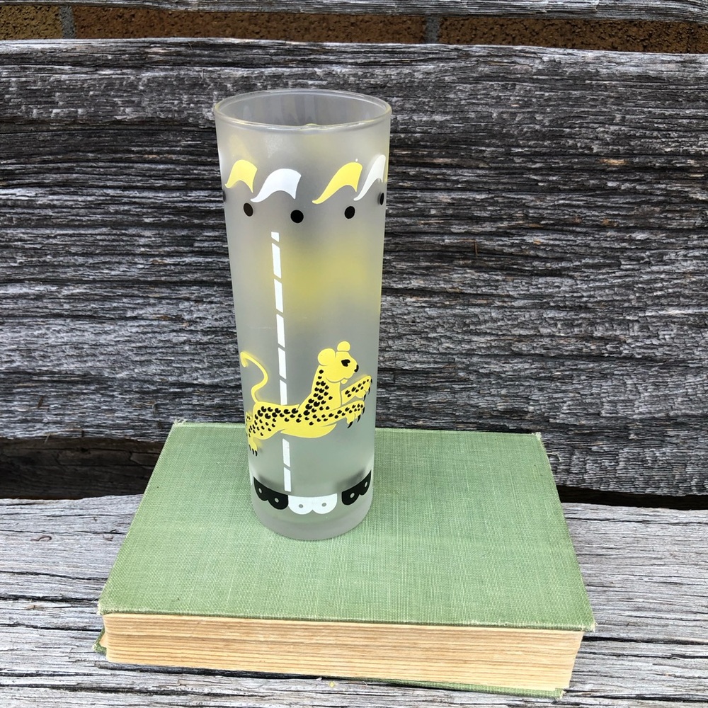 Vintage Libbey Carousel Merry go Round Leopard Tom Collins Frosted Glass Vtg💛